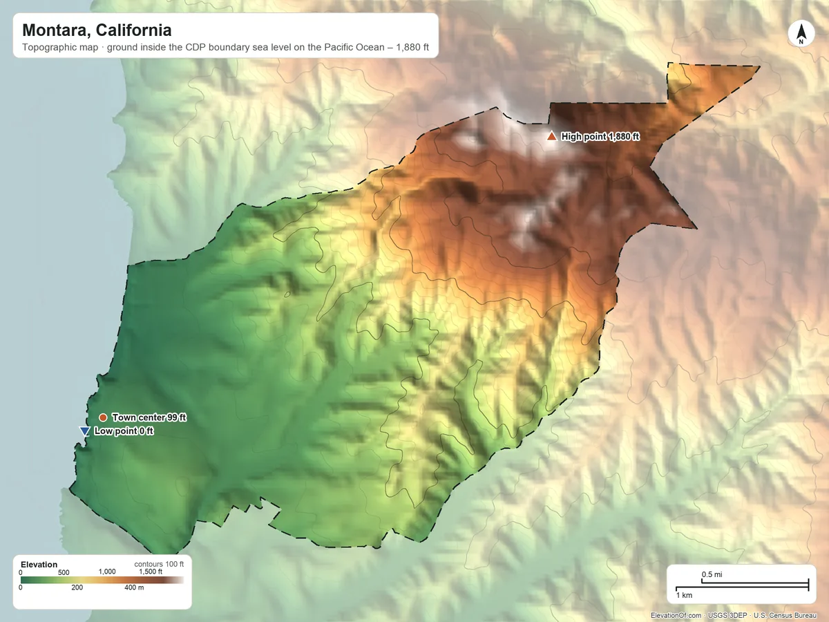 Topographic elevation map of Montara, California, shaded from sea level level on the Pacific Ocean to 1,880 ft on North Peak