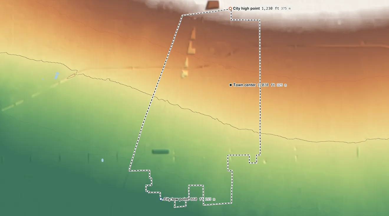 Topographic elevation map of Montclair, California, shaded from 860 ft on the southwest side to 1,230 ft at the foot of the Puente Hills