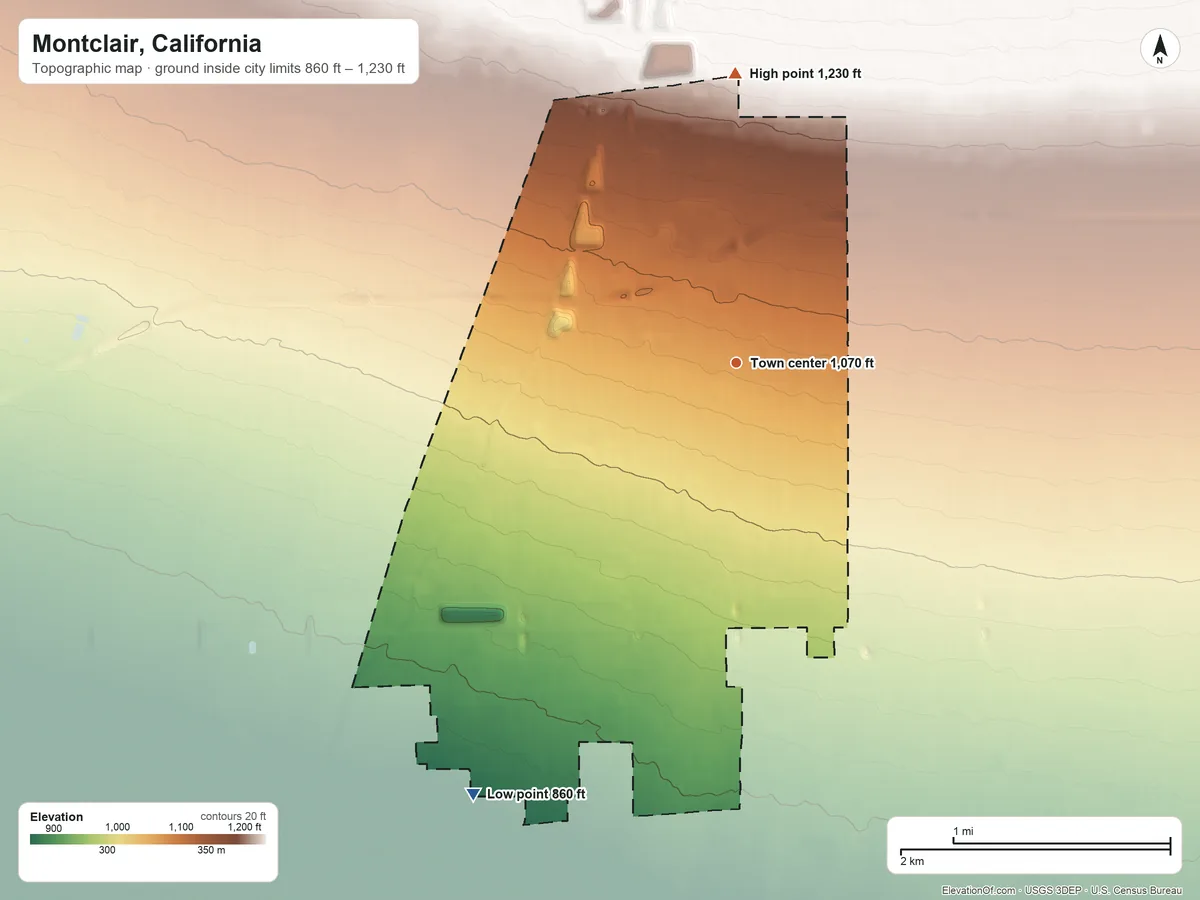 Topographic elevation map of Montclair, California, shaded from 860 ft on the southwest side to 1,230 ft at the foot of the Puente Hills