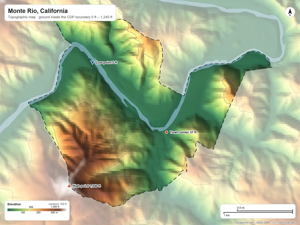 Topographic elevation map of Monte Rio, California, shaded from 5 ft on the northwest side to 1,240 ft on the southwest side