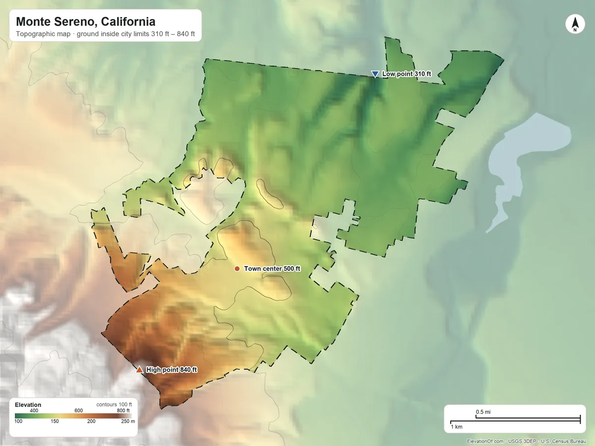 Topographic elevation map of Monte Sereno, California, shaded from 310 ft on the northeast side to 840 ft at the foot of the Santa Cruz Mountains