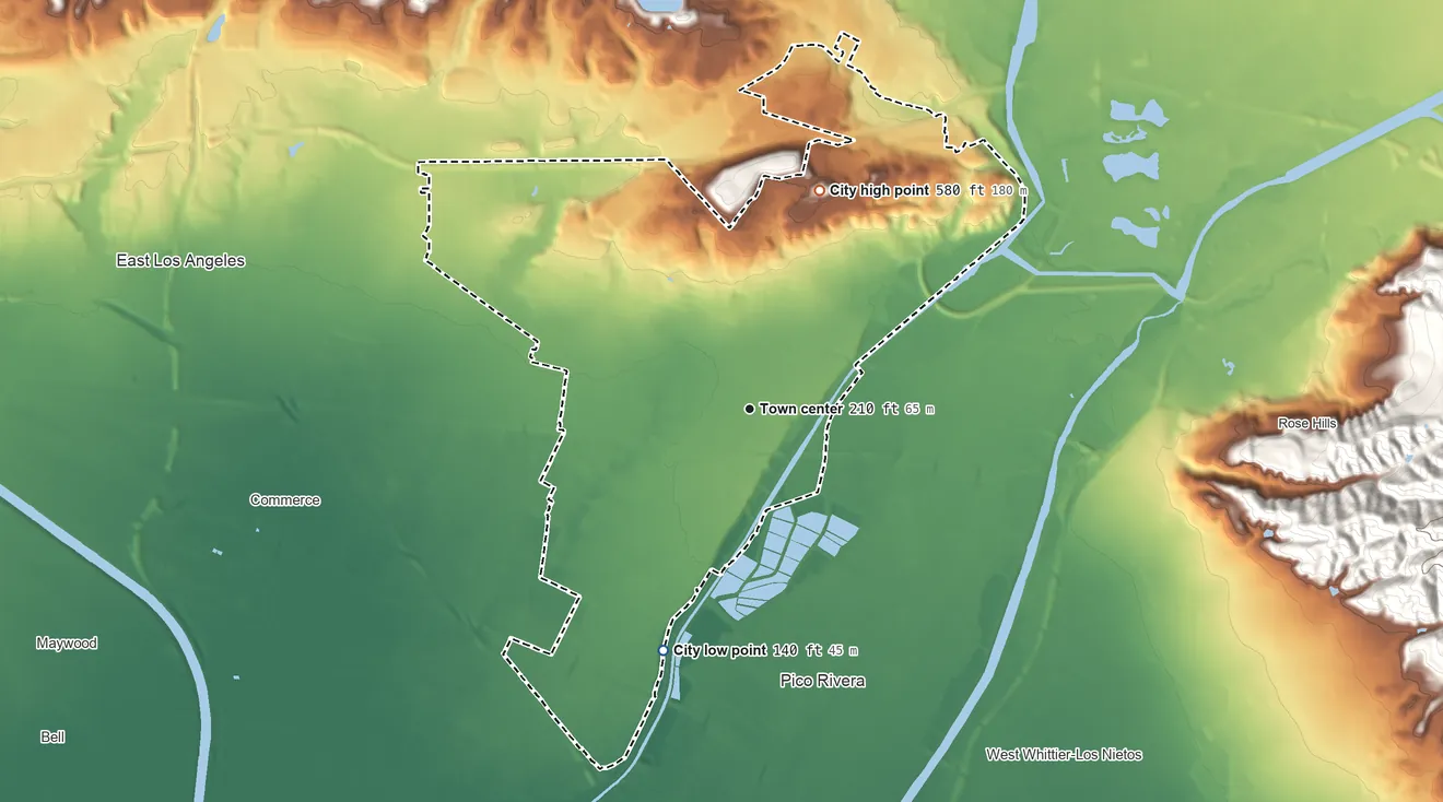 Topographic elevation map of Montebello, California, shaded from 140 ft on the south side to 580 ft on the north side