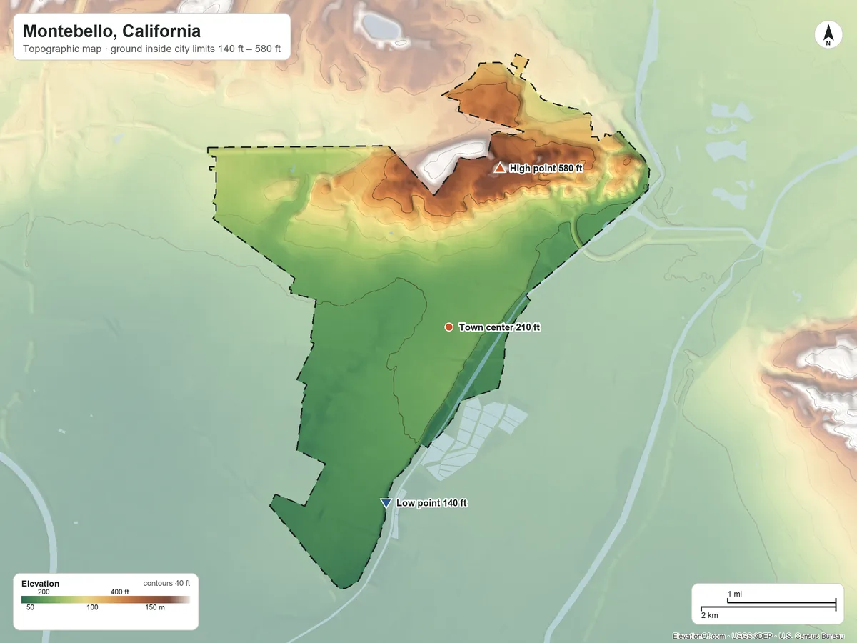 Topographic elevation map of Montebello, California, shaded from 140 ft on the south side to 580 ft on the north side