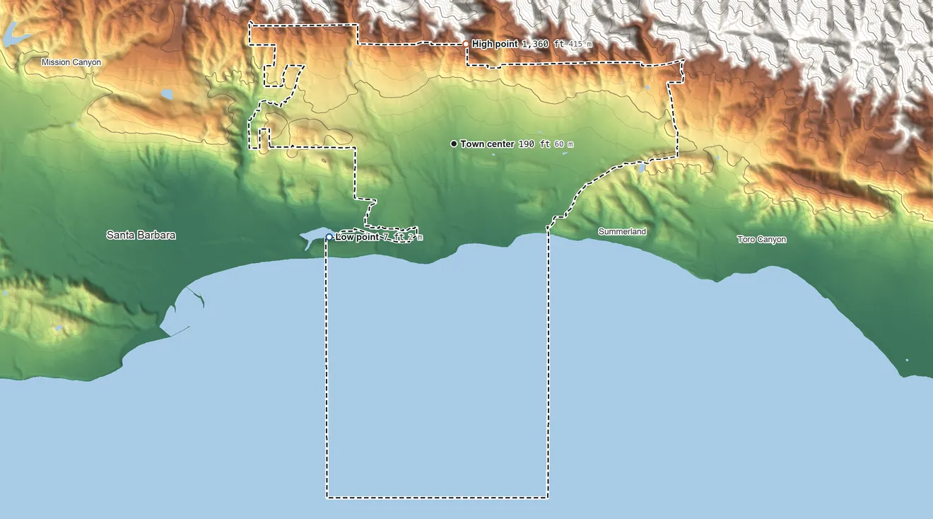 Topographic elevation map of Montecito, California, shaded from 7 ft on the southwest side to 1,360 ft at the foot of the Santa Ynez Mountains