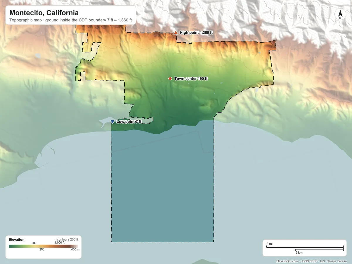 Topographic elevation map of Montecito, California, shaded from 7 ft on the southwest side to 1,360 ft at the foot of the Santa Ynez Mountains
