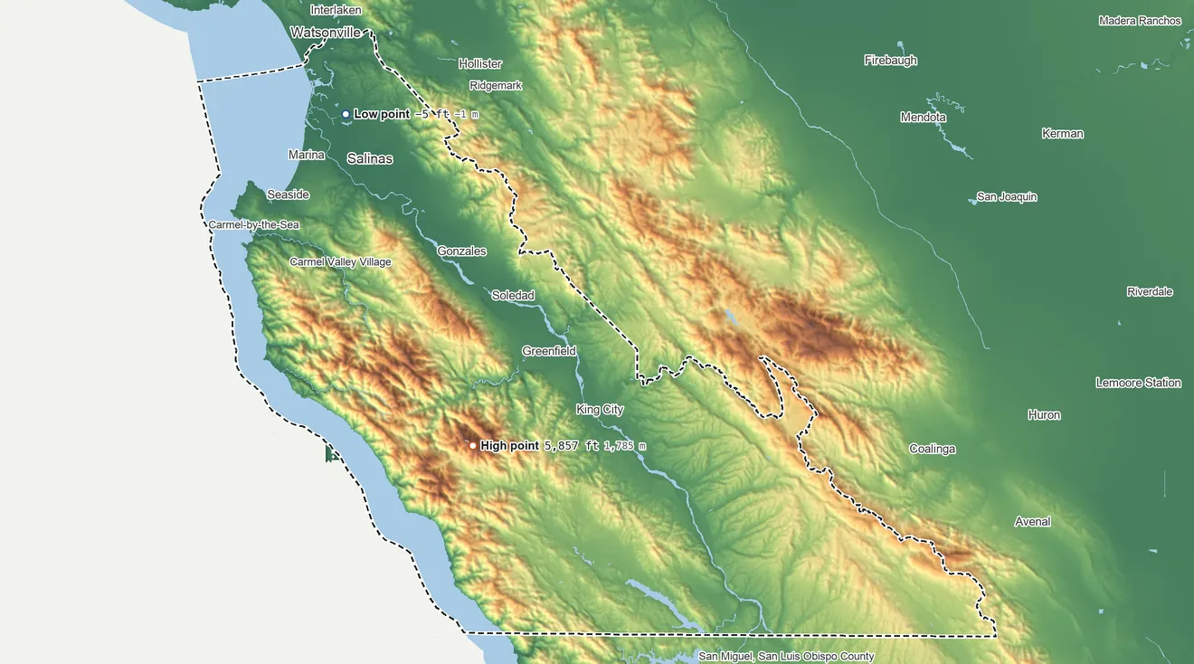 Topographic elevation map of Monterey County, California, shaded from 5 ft below sea level on the northwest side to 5,857 ft on Junipero Serra Peak