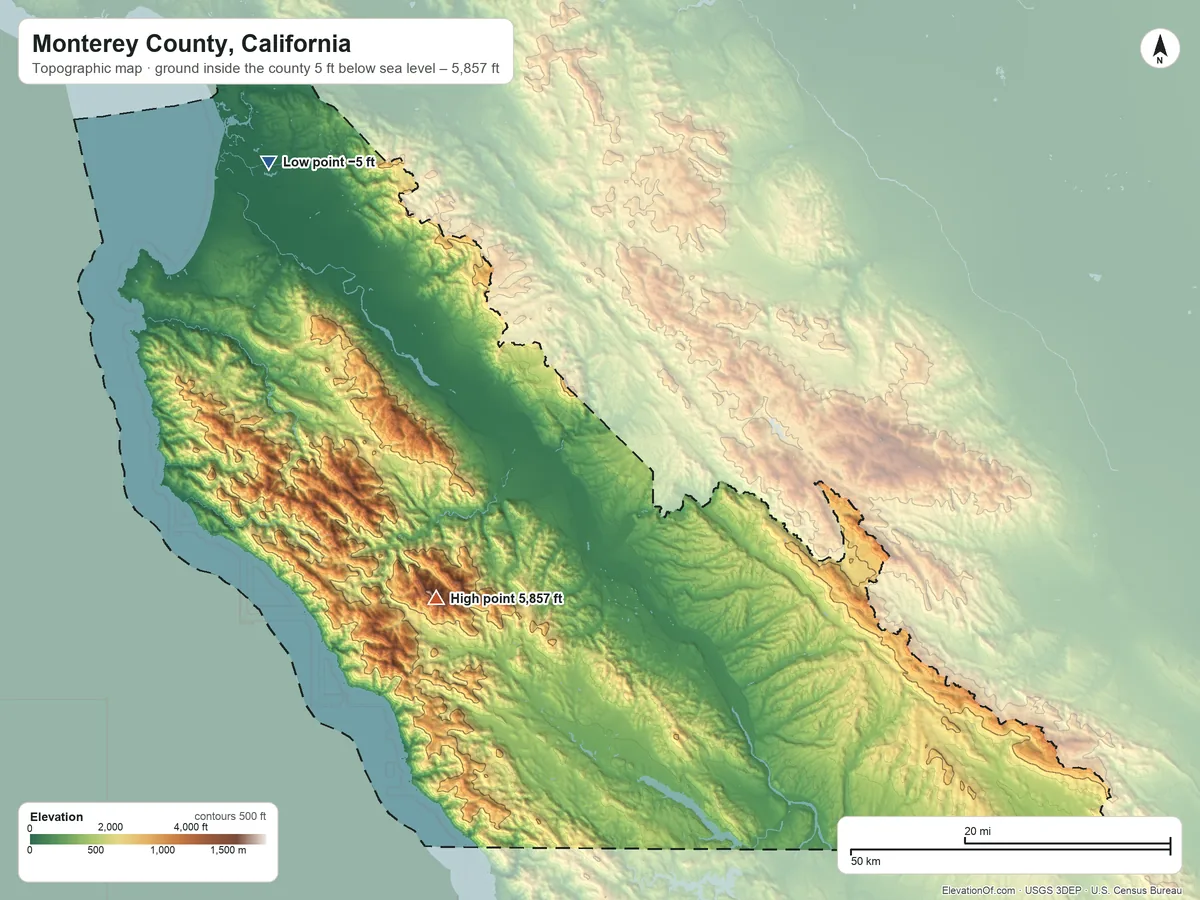 Topographic elevation map of Monterey County, California, shaded from 5 ft below sea level on the northwest side to 5,857 ft on Junipero Serra Peak
