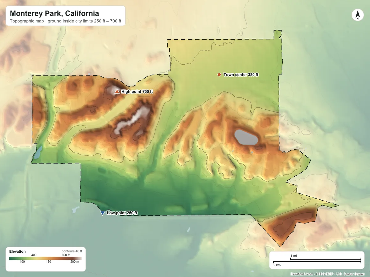 Topographic elevation map of Monterey Park, California, shaded from 250 ft on the southwest side to 700 ft on the west side