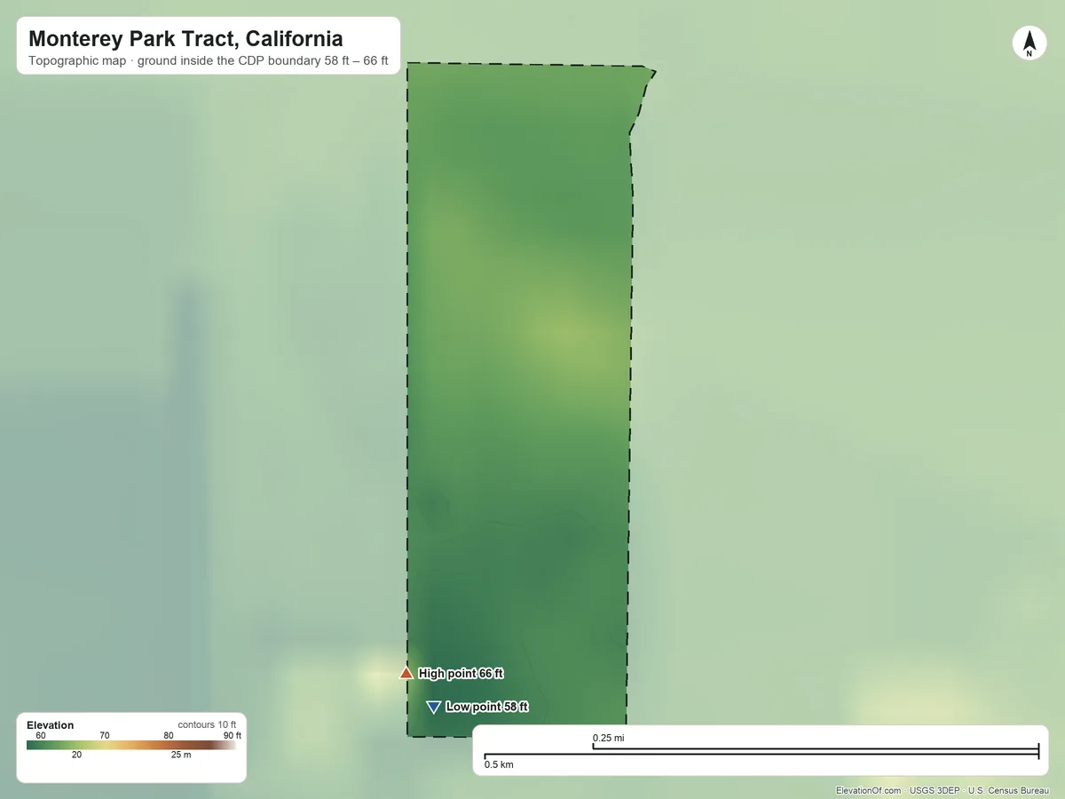 Topographic elevation map of Monterey Park Tract, California, shaded from 58 ft on the southwest side to 66 ft on the southwest side