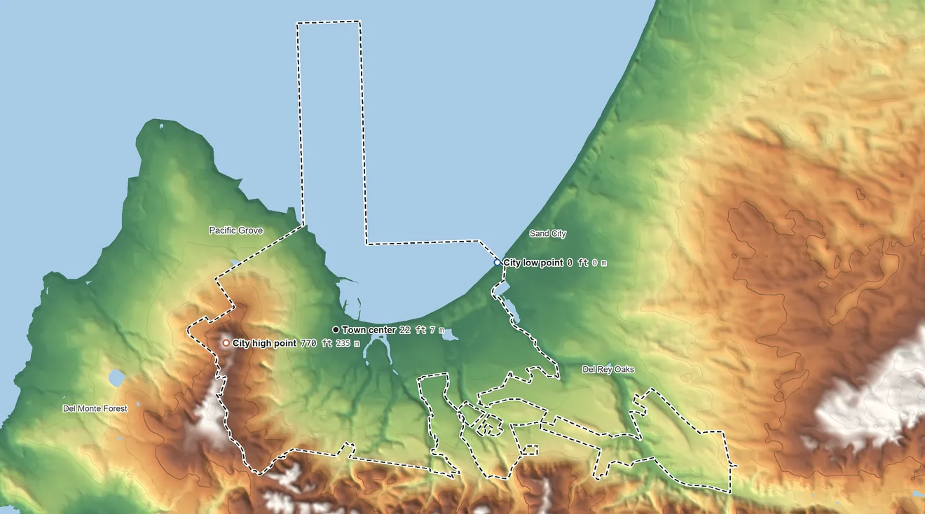 Topographic elevation map of Monterey, California, shaded from sea level level on Monterey Bay to 770 ft on the west side