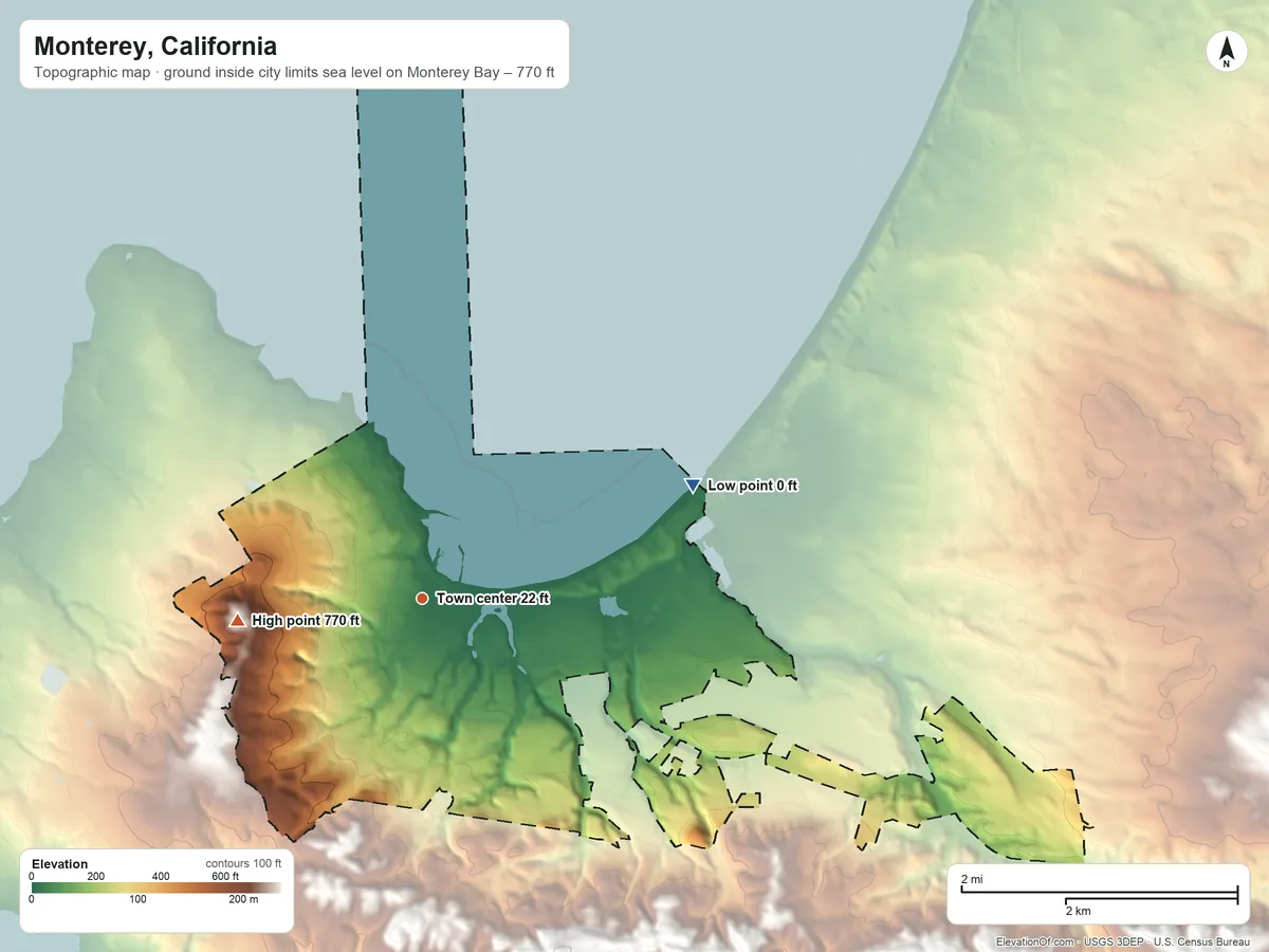 Topographic elevation map of Monterey, California, shaded from sea level level on Monterey Bay to 770 ft on the west side