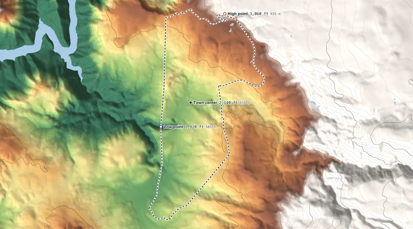 Topographic elevation map of Montgomery Creek, California, shaded from 1,920 ft on the southwest side to 3,060 ft on the north edge, below higher ground just outside