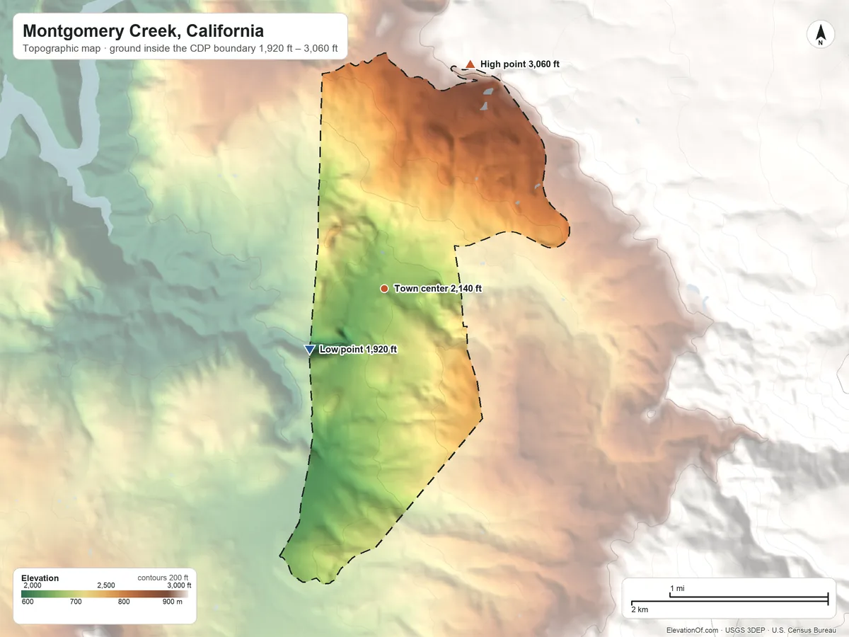Topographic elevation map of Montgomery Creek, California, shaded from 1,920 ft on the southwest side to 3,060 ft on the north edge, below higher ground just outside