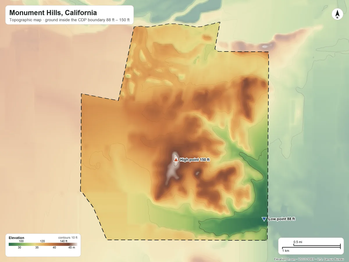 Topographic elevation map of Monument Hills, California, shaded from 88 ft on the southeast side to 150 ft on the south side
