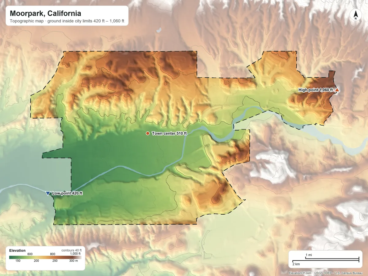 Topographic elevation map of Moorpark, California, shaded from 420 ft on the southwest side to 1,060 ft at the foot of the Simi Hills
