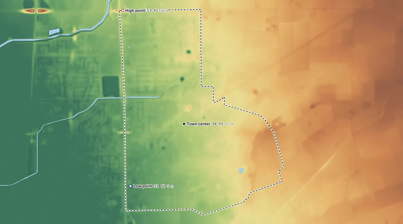Topographic elevation map of Morada, California, shaded from 31 ft on the southwest side to 53 ft on the northwest side