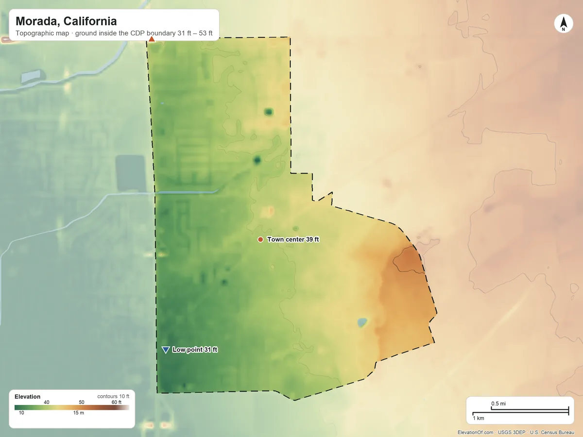Topographic elevation map of Morada, California, shaded from 31 ft on the southwest side to 53 ft on the northwest side