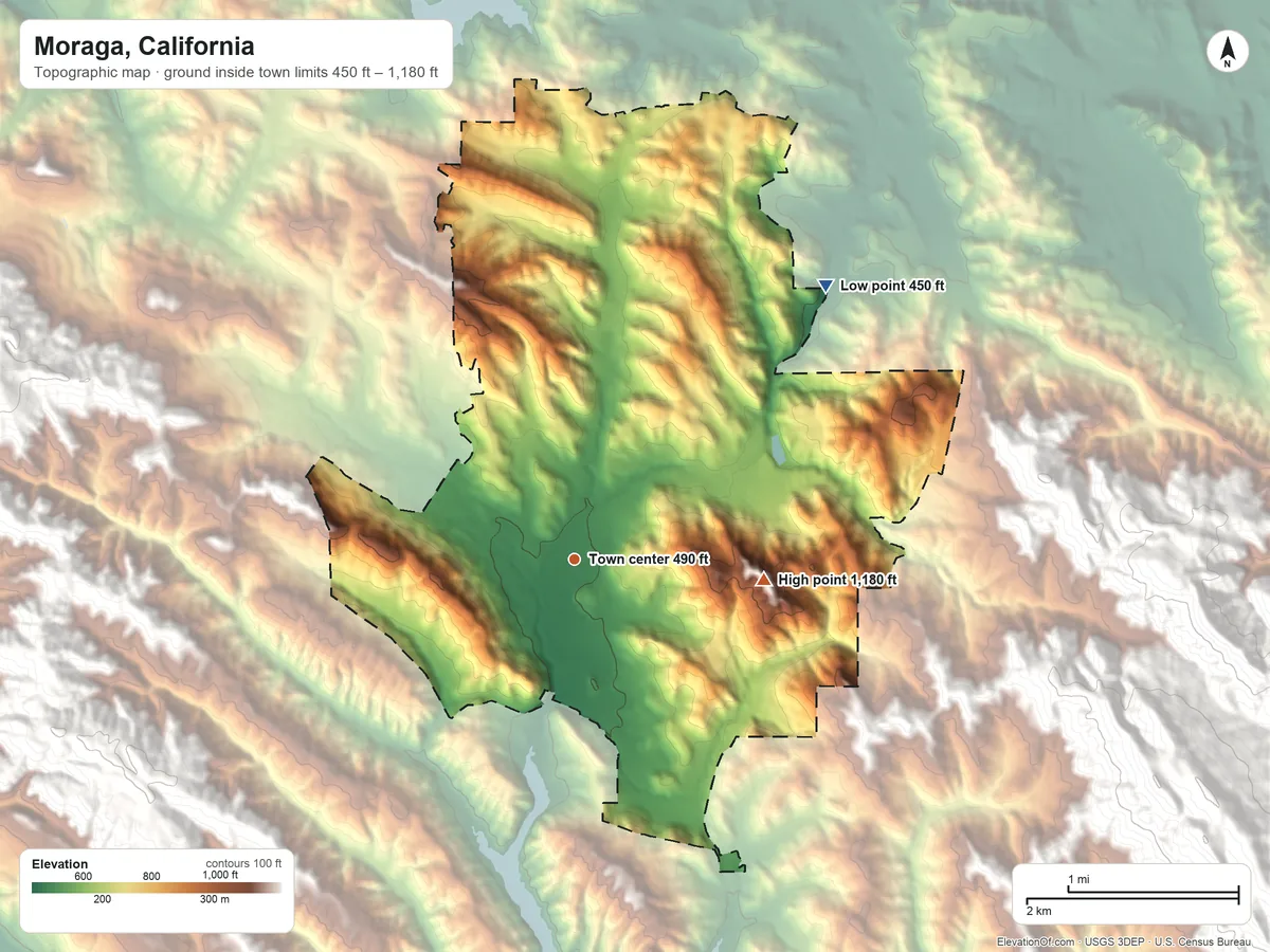 Topographic elevation map of Moraga, California, shaded from 450 ft on the northeast side to 1,180 ft at the foot of the San Leandro Hills