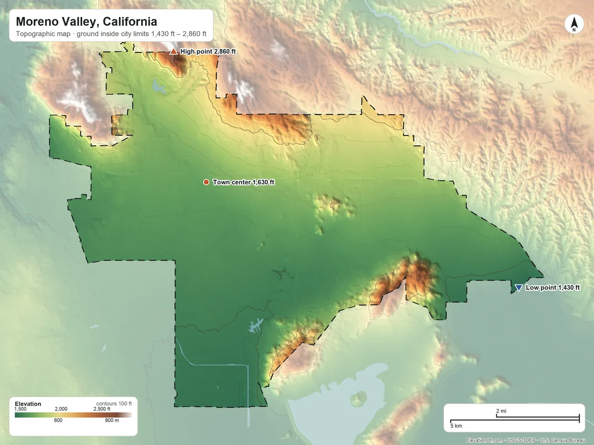 Topographic elevation map of Moreno Valley, California, shaded from 1,430 ft on the east side to 2,860 ft on the north side