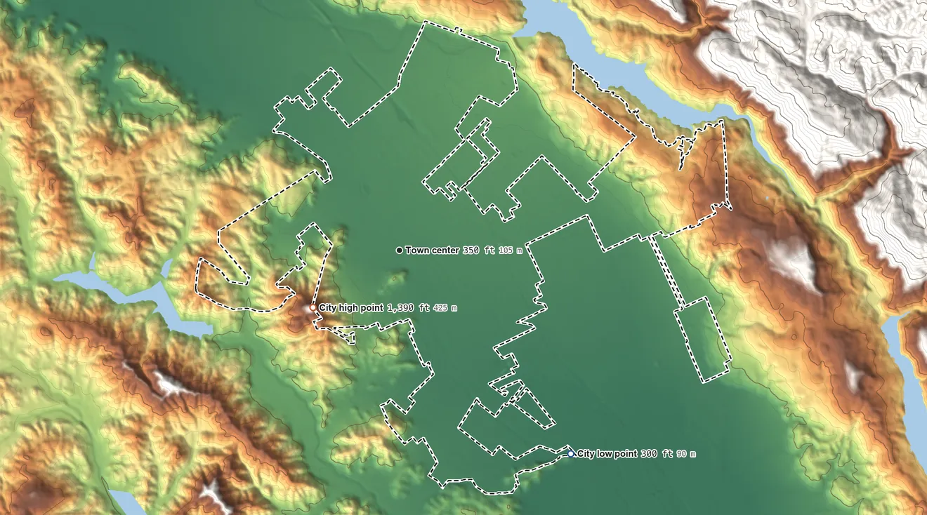 Topographic elevation map of Morgan Hill, California, shaded from 300 ft on the southeast side to 1,390 ft on the southwest edge, below higher ground just outside