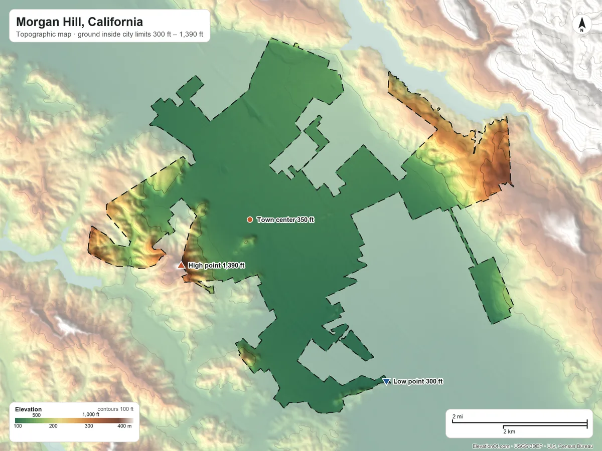 Topographic elevation map of Morgan Hill, California, shaded from 300 ft on the southeast side to 1,390 ft on the southwest edge, below higher ground just outside