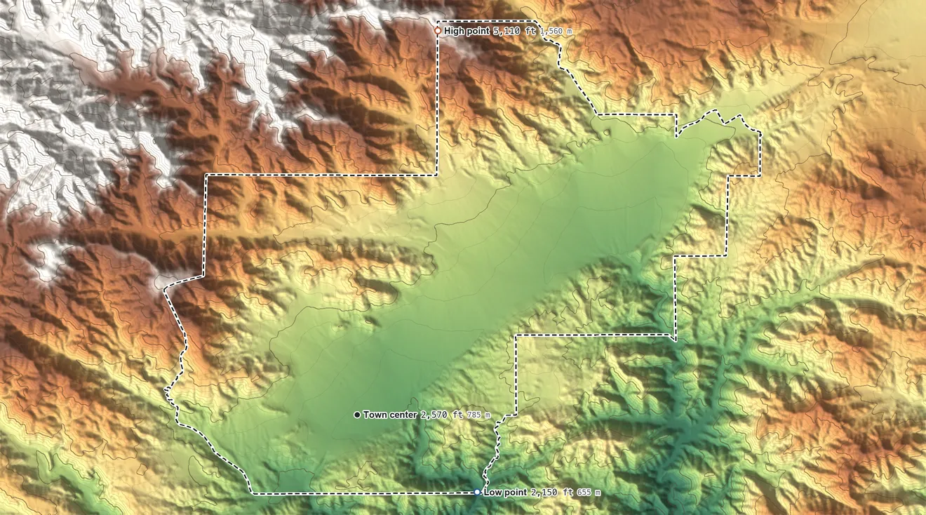 Topographic elevation map of Morongo Valley, California, shaded from 2,150 ft on the southeast side to 5,110 ft at the foot of the Sawtooths