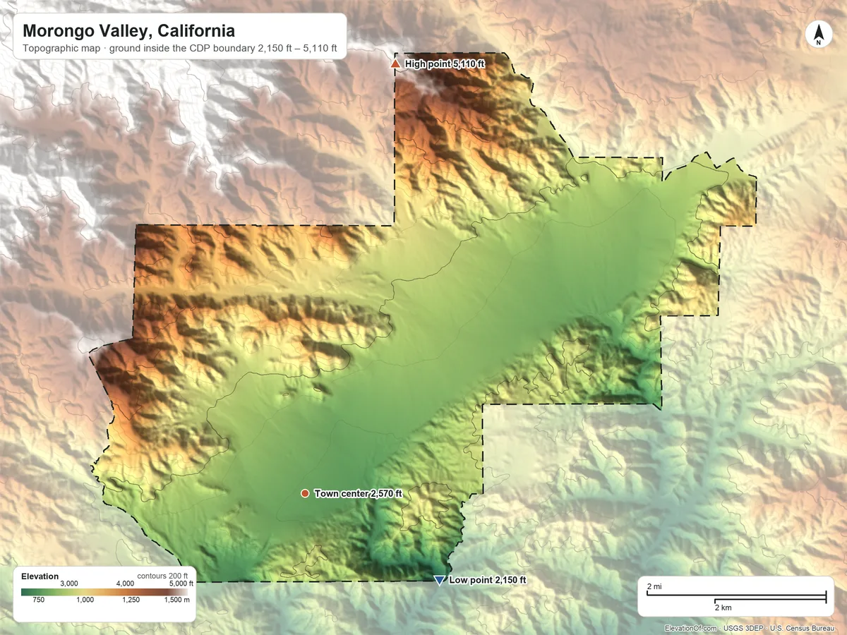 Topographic elevation map of Morongo Valley, California, shaded from 2,150 ft on the southeast side to 5,110 ft at the foot of the Sawtooths