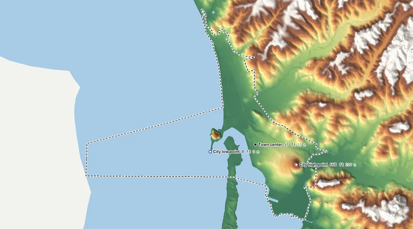 Topographic elevation map of Morro Bay, California, shaded from sea level level on the Pacific Ocean to 663 ft on Black Hill