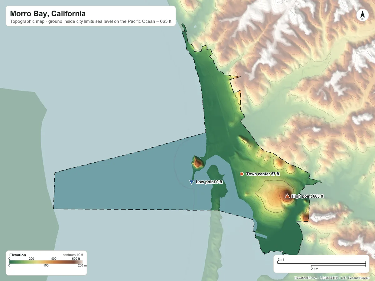 Topographic elevation map of Morro Bay, California, shaded from sea level level on the Pacific Ocean to 663 ft on Black Hill