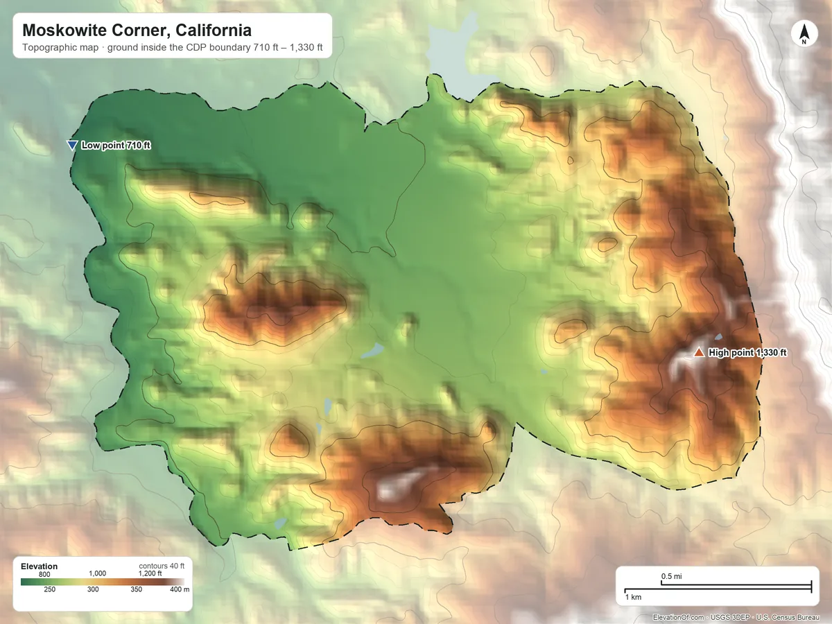 Topographic elevation map of Moskowite Corner, California, shaded from 710 ft on the west side to 1,330 ft at the foot of the Vaca Mountains