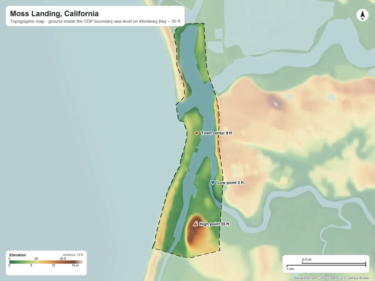 Topographic elevation map of Moss Landing, California, shaded from sea level level on Monterey Bay to 55 ft on the south side