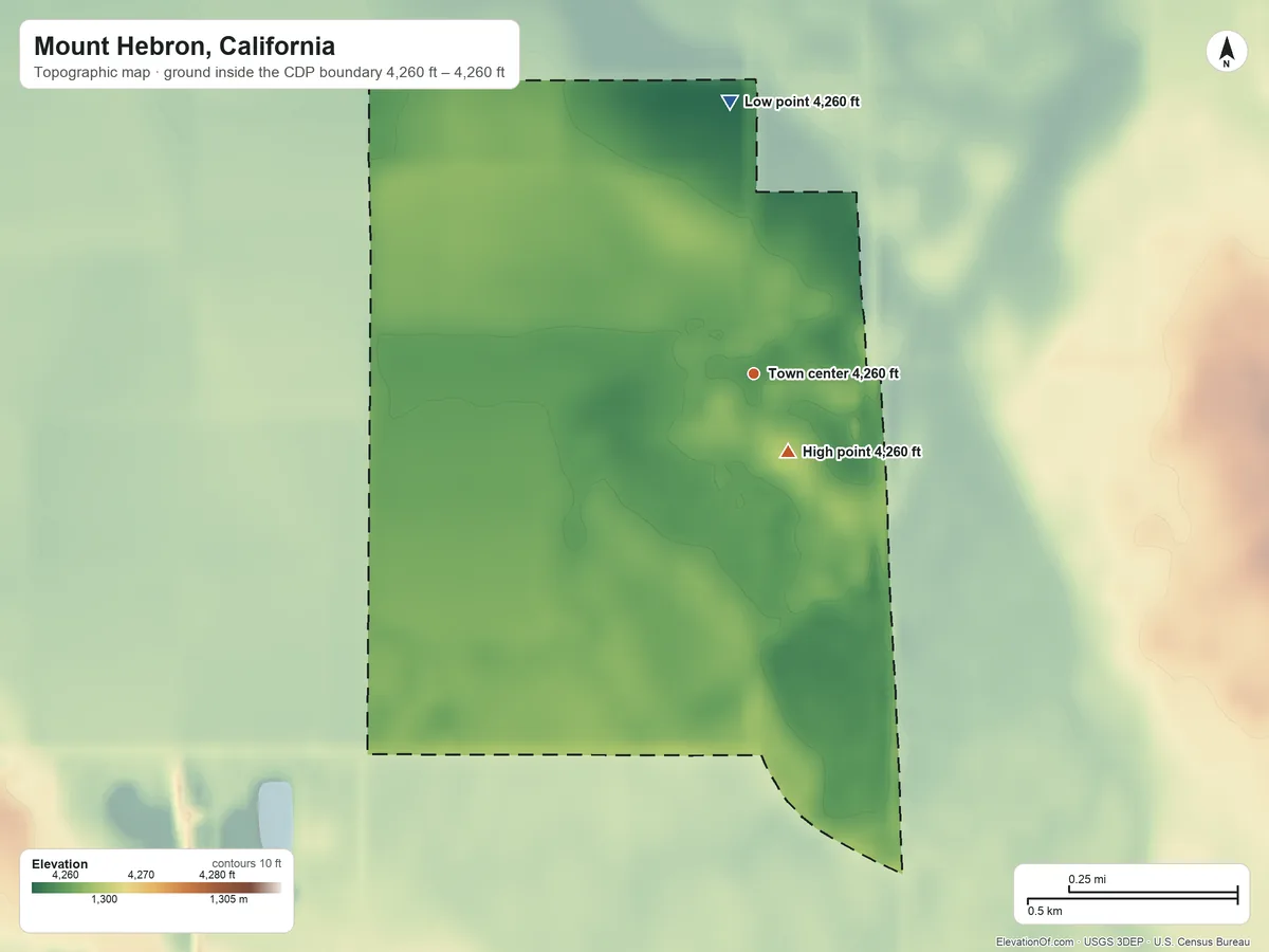 Topographic elevation map of Mount Hebron, California, shaded from 4,260 ft on the north side to 4,260 ft near the middle