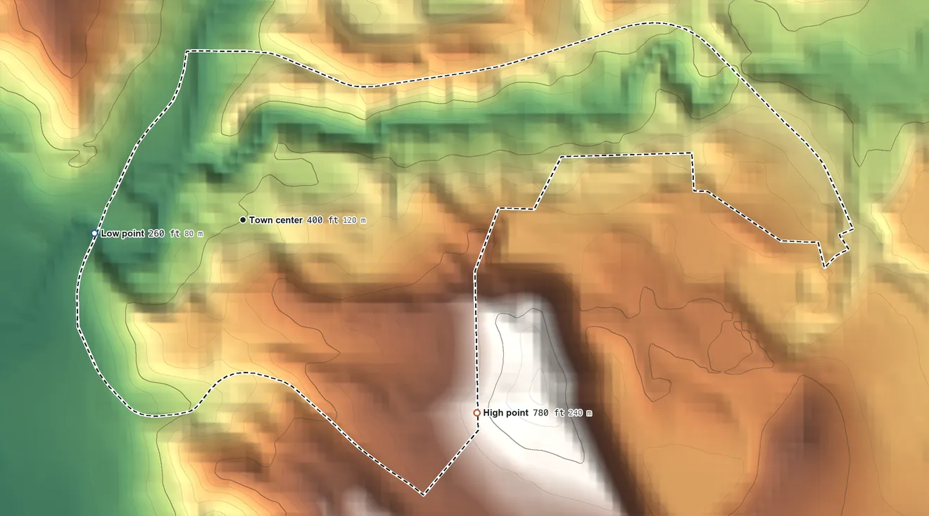 Topographic elevation map of Mount Hermon, California, shaded from 260 ft on the west side to 780 ft on the southeast side