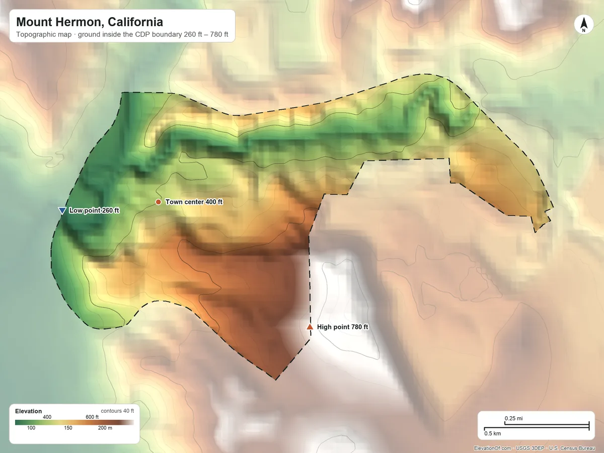 Topographic elevation map of Mount Hermon, California, shaded from 260 ft on the west side to 780 ft on the southeast side