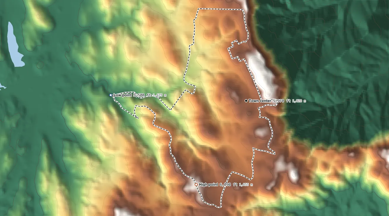Topographic elevation map of Mount Laguna, California, shaded from 5,500 ft on the west side to 6,090 ft on the southwest side