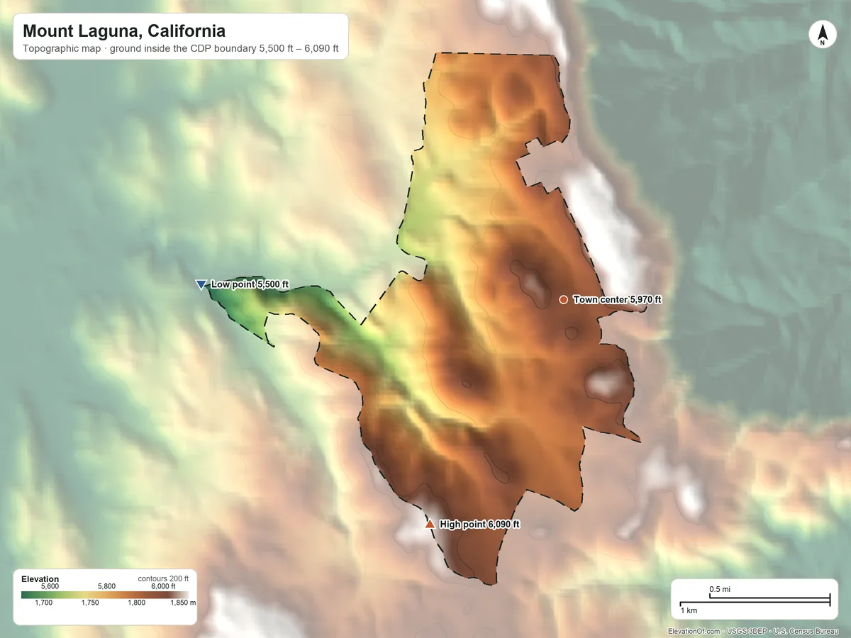 Topographic elevation map of Mount Laguna, California, shaded from 5,500 ft on the west side to 6,090 ft on the southwest side