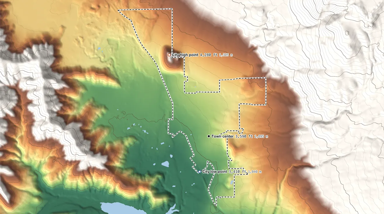 Topographic elevation map of Mount Shasta, California, shaded from 3,410 ft on the south side to 4,280 ft on Spring Hill