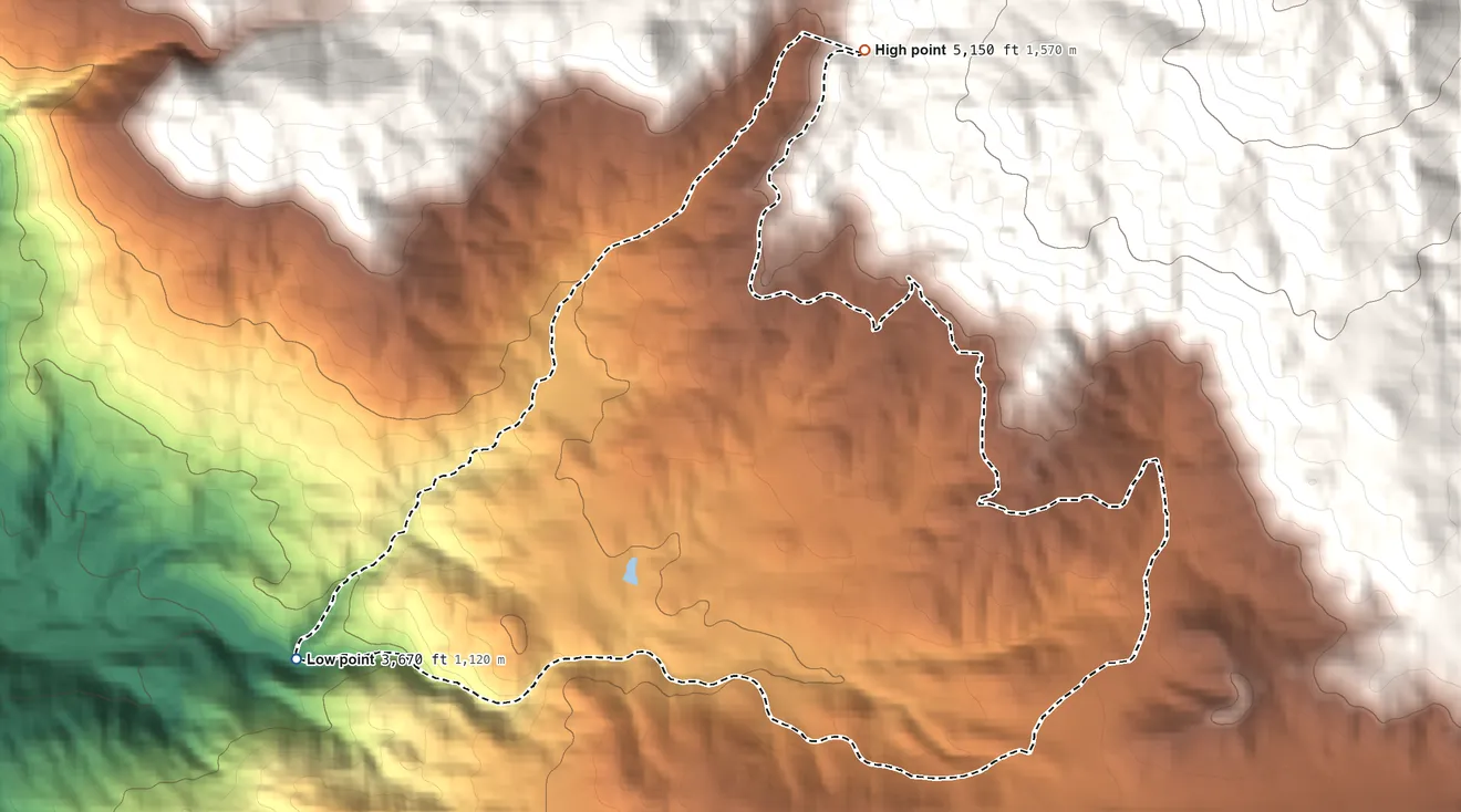 Topographic elevation map of Mountain Center, California, shaded from 3,670 ft on the west side to 5,150 ft at the foot of the San Jacinto Mountains