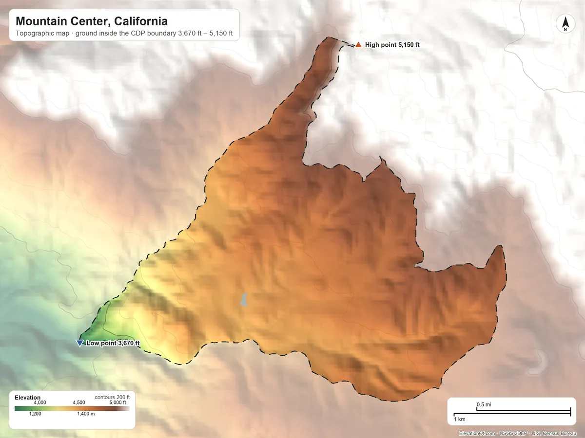 Topographic elevation map of Mountain Center, California, shaded from 3,670 ft on the west side to 5,150 ft at the foot of the San Jacinto Mountains