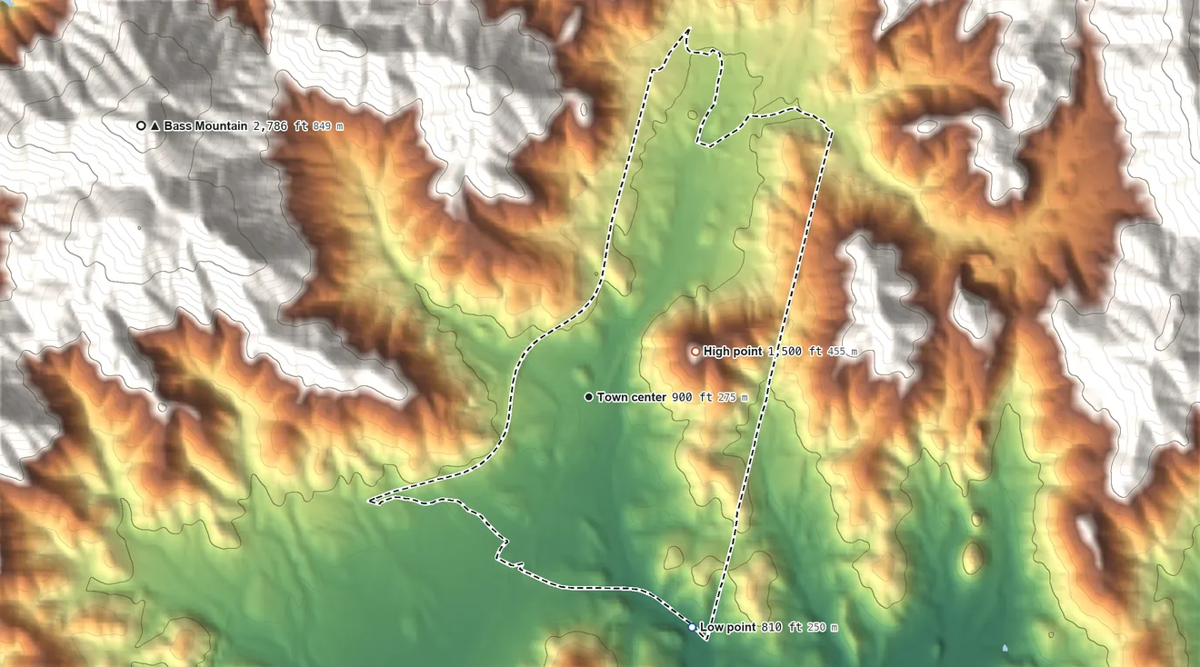 Topographic elevation map of Mountain Gate, California, shaded from 810 ft on the southeast side to 1,500 ft on the northeast edge, below higher ground just outside