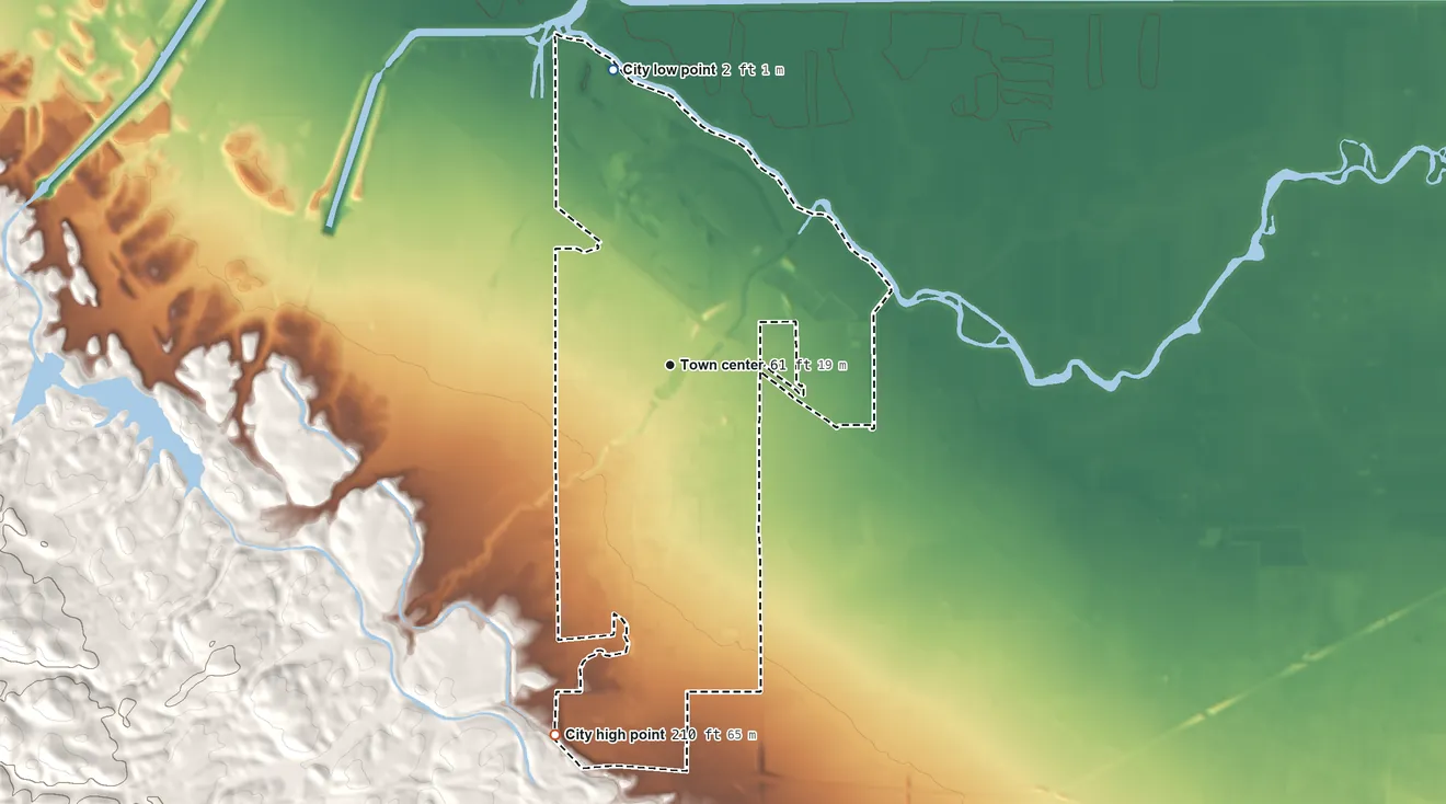 Topographic elevation map of Mountain House, California, shaded from 2 ft on the north side to 210 ft on the south side