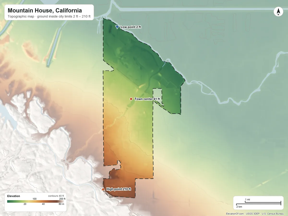 Topographic elevation map of Mountain House, California, shaded from 2 ft on the north side to 210 ft on the south side