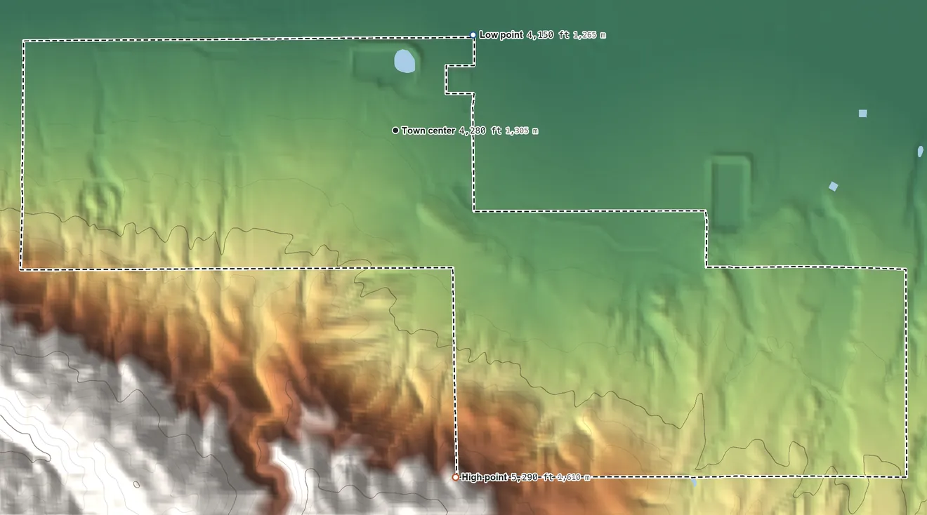 Topographic elevation map of Mountain Meadows, California, shaded from 4,150 ft on the northeast side to 5,290 ft at the foot of the Tehachapi Mountains