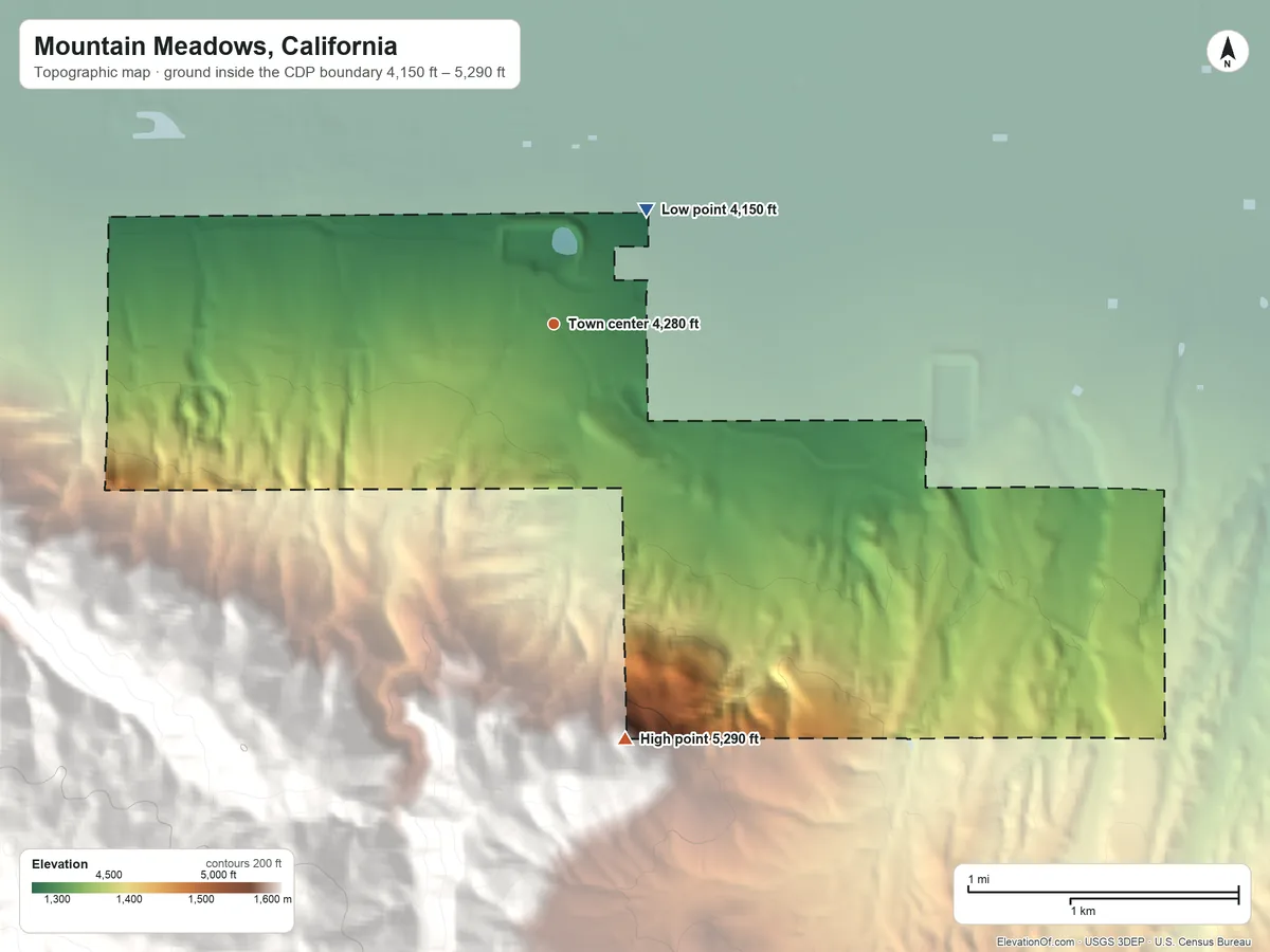 Topographic elevation map of Mountain Meadows, California, shaded from 4,150 ft on the northeast side to 5,290 ft at the foot of the Tehachapi Mountains