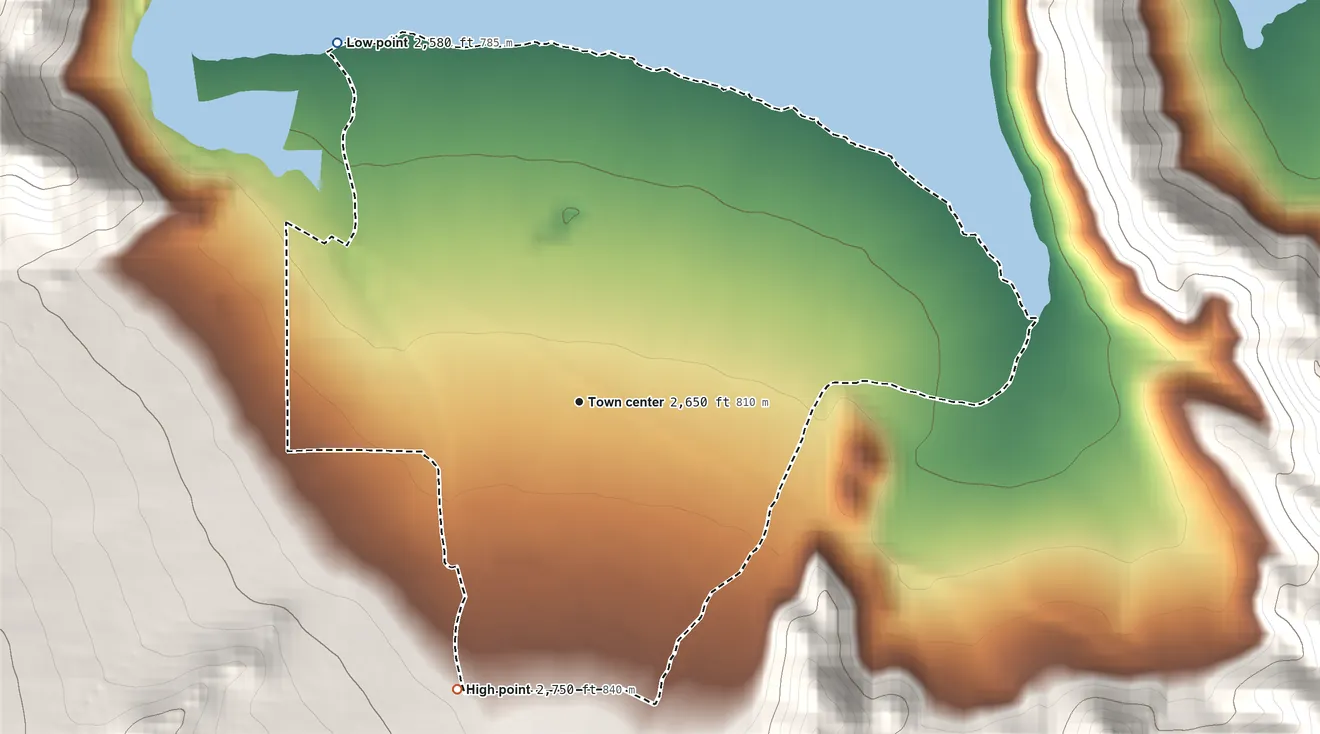 Topographic elevation map of Mountain Mesa, California, shaded from 2,580 ft on the northwest side to 2,750 ft at the foot of the Piute Mountains