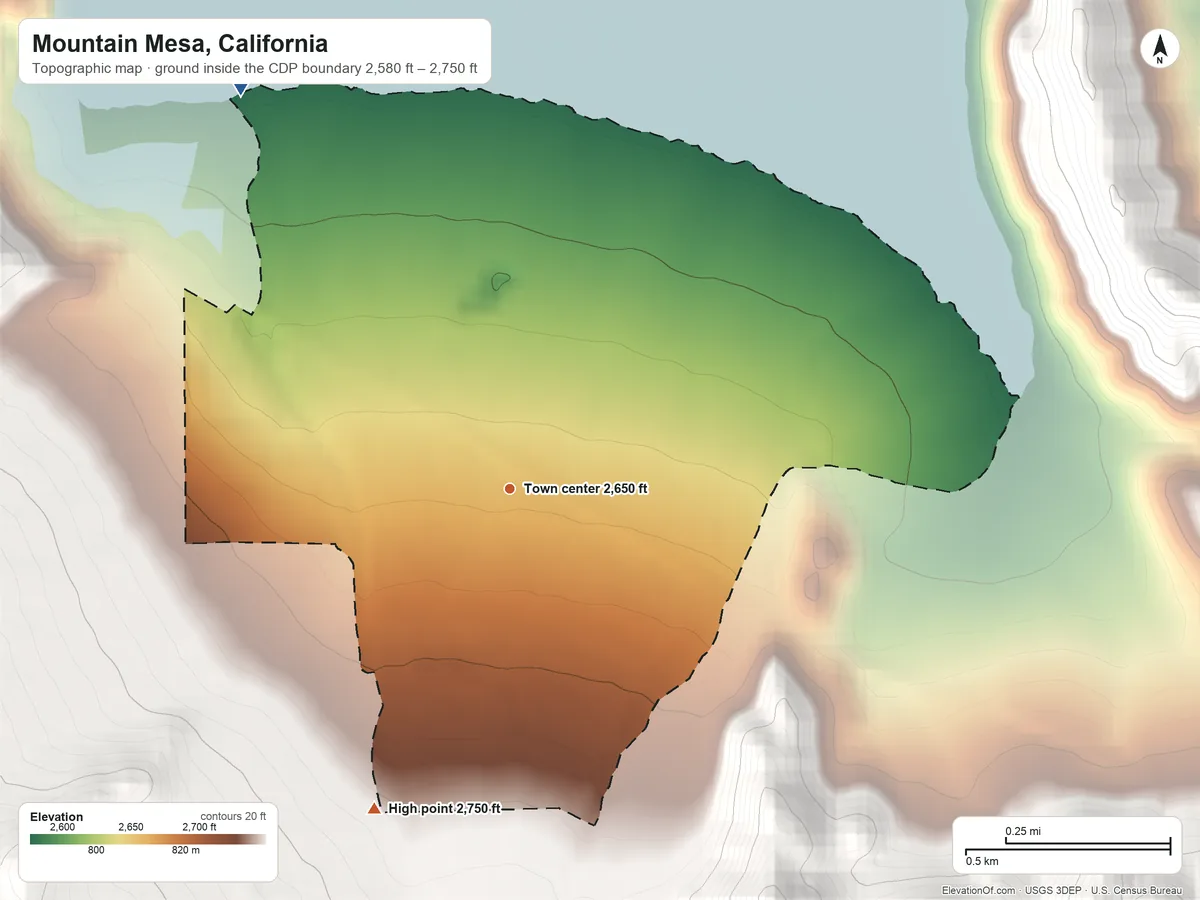 Topographic elevation map of Mountain Mesa, California, shaded from 2,580 ft on the northwest side to 2,750 ft at the foot of the Piute Mountains