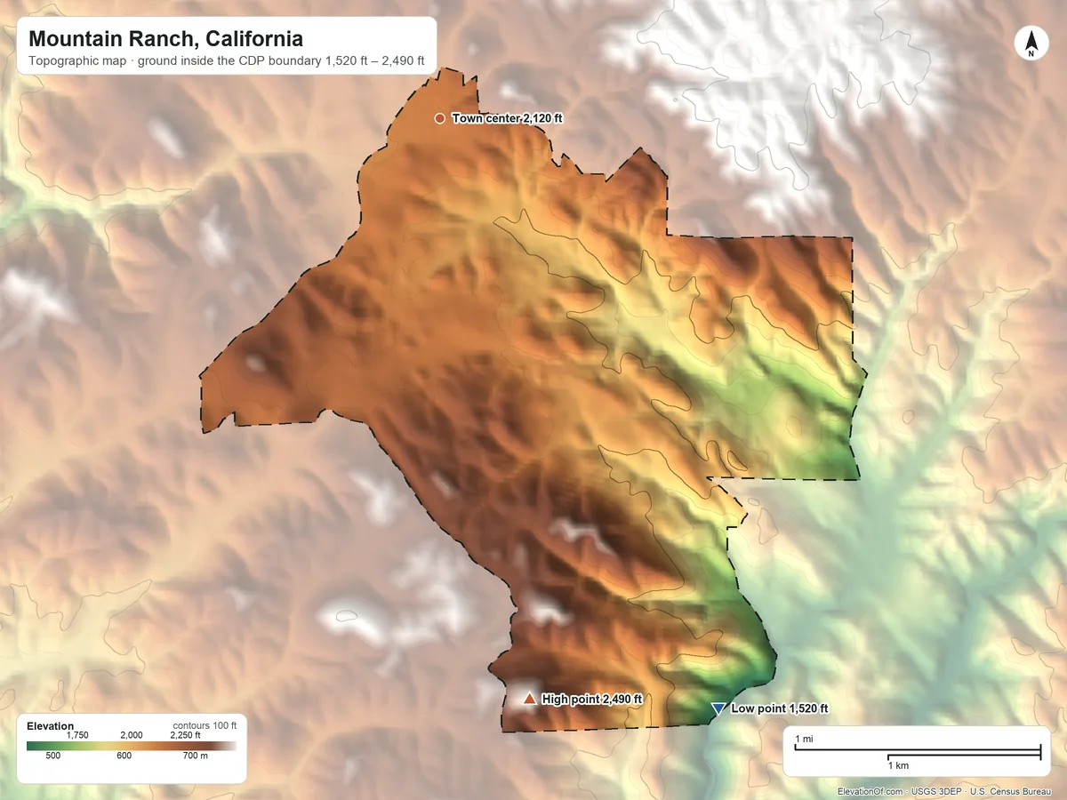 Topographic elevation map of Mountain Ranch, California, shaded from 1,520 ft on the southeast side to 2,490 ft on the south side