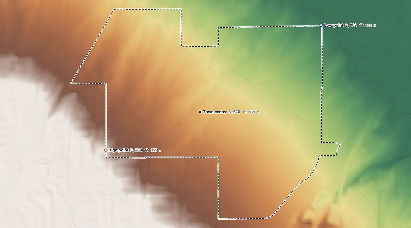 Topographic elevation map of Mountain View Acres, California, shaded from 3,000 ft on the northeast side to 3,130 ft on the west side