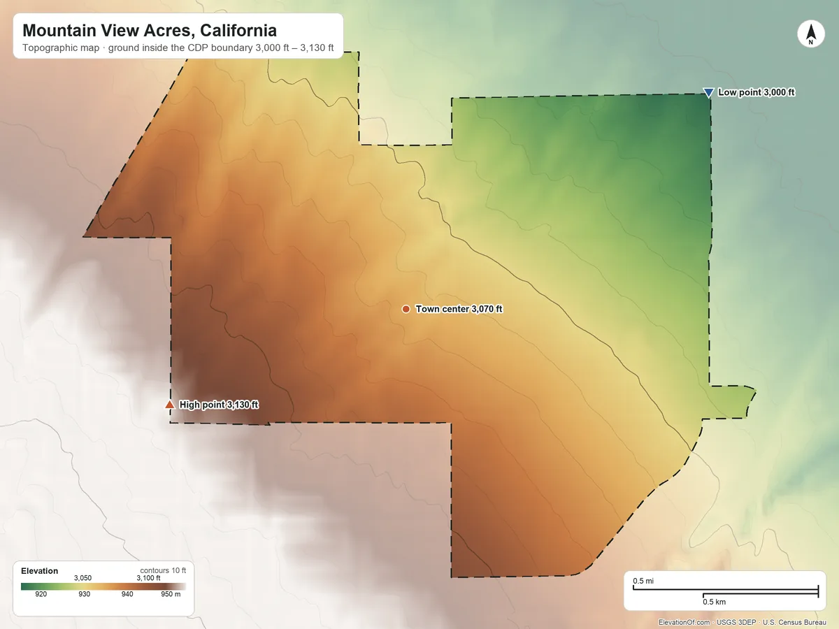Topographic elevation map of Mountain View Acres, California, shaded from 3,000 ft on the northeast side to 3,130 ft on the west side