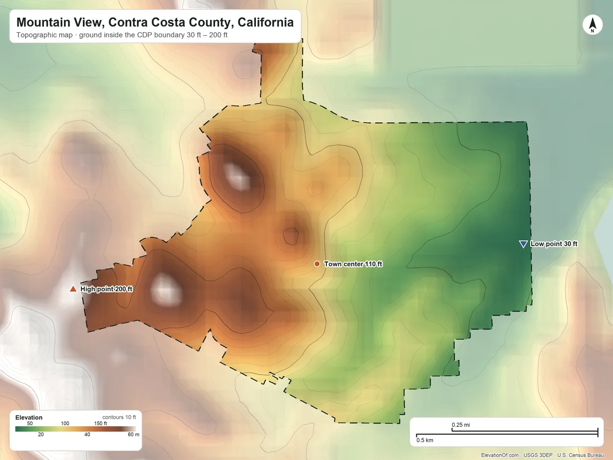 Topographic elevation map of Mountain View, Contra Costa County, California, shaded from 30 ft on the east side to 200 ft at the foot of the Briones Hills